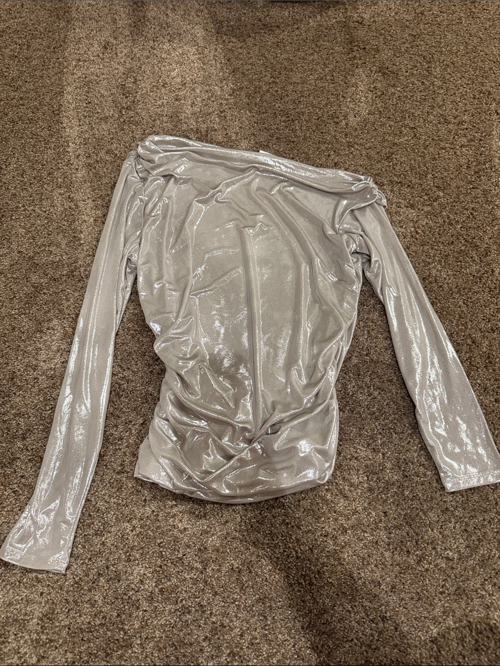Abercrombie & Fitch Shimmery Off-Shoulder Long Sleeve Top in Silver